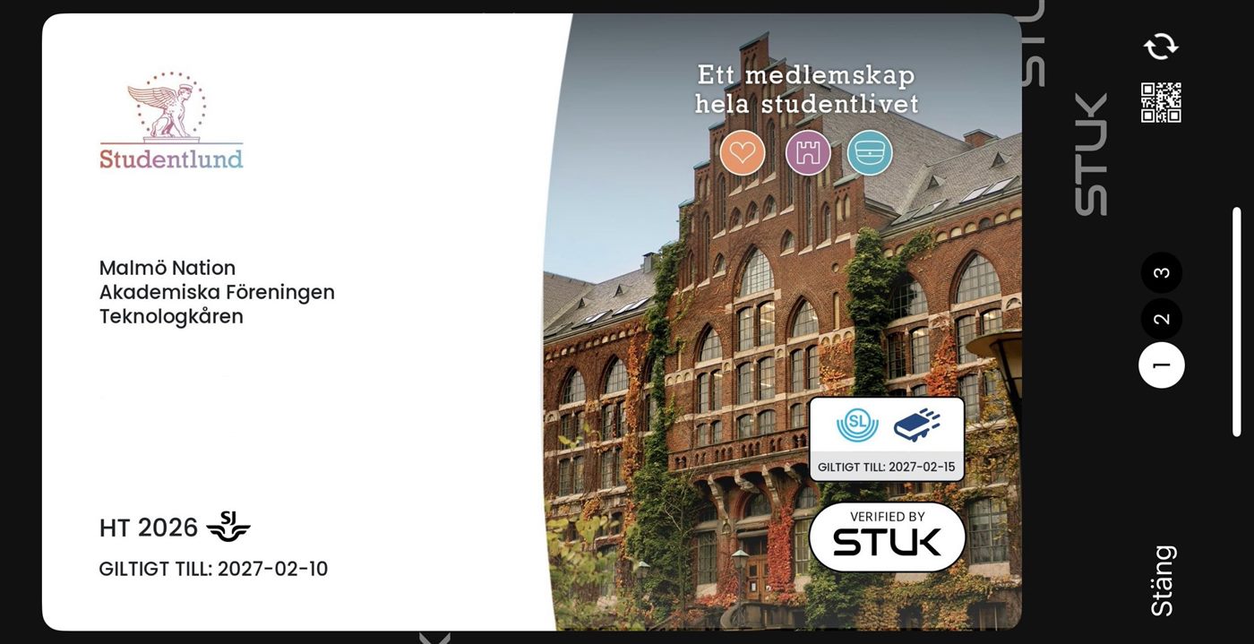 Studentlund-medlemskort i STUK-appen med nationstillhörighet och giltighetsdatum