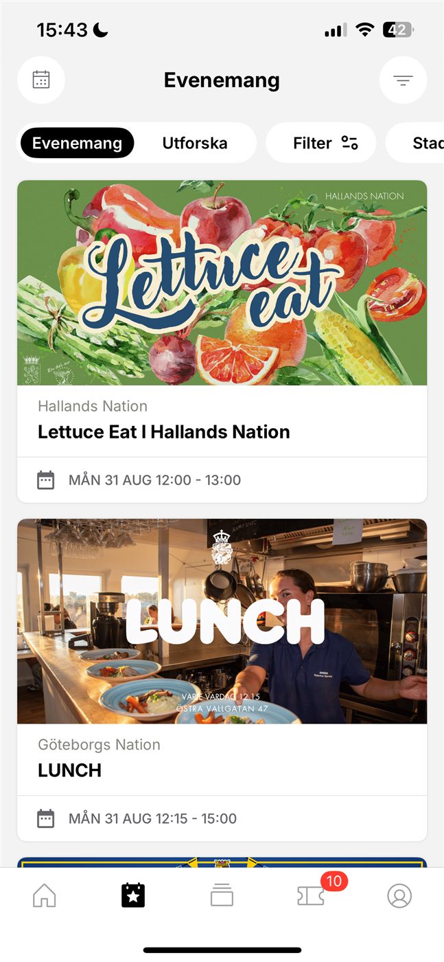 Eventlistan i STUK-appen med kommande event på nationerna i Lund